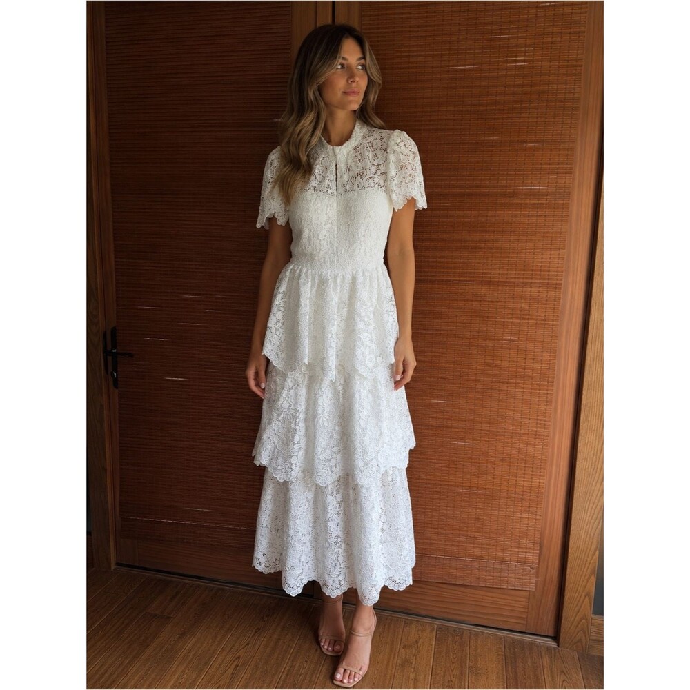 Self-Portrait Tiered Corded Guipure Lace Maxi Dress White Dress US 2 No Belt